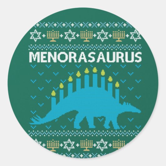 Ugly Hanukkah Sweater, Menorasaurus, Joodse Dinosa Ronde Sticker (Voorkant)