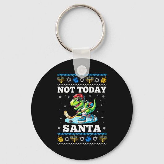 Ugly Hanukkah Sweater Not Today Santa Dinosaur Hoc Sleutelhanger (Voorkant)
