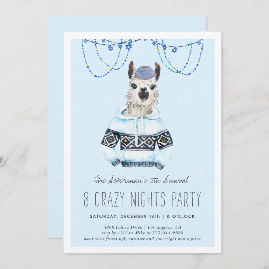 Ugly Hanukkah Sweater Party | Funny Llama Invite (Voorkant / Achterkant)
