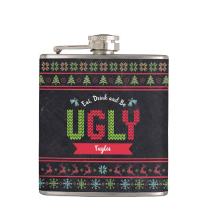 Ugly KerstSweater Nordic Knit Name Chalkboard Heupfles