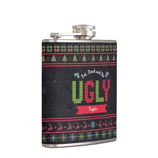 Ugly KerstSweater Nordic Knit Name Chalkboard Heupfles (Rechts)