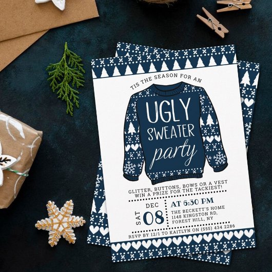 Ugly Navy Blue KerstSweater Holiday Party Kaart