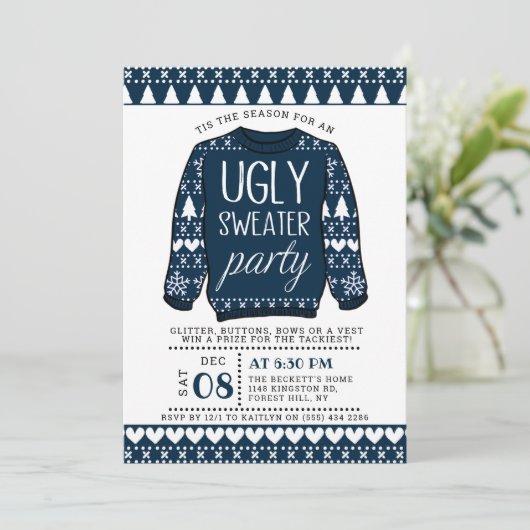 Ugly Navy Blue KerstSweater Holiday Party Kaart (Staand voorkant)