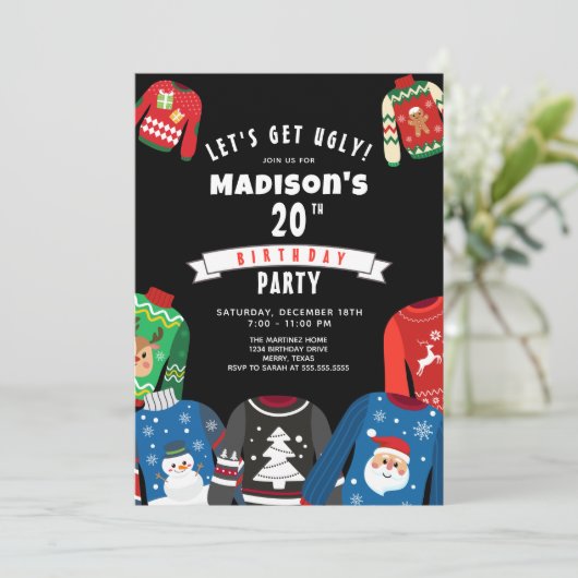 Ugly Sweater 20e verjaardag Uitnodiging (Staand voorkant)
