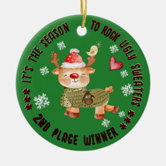 Ugly Sweater 2e Winner Deer Keramisch Ornament (Voorkant)