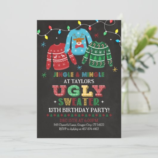 Ugly Sweater Birthday Invitation, Ugly Sweater Kaart (Staand voorkant)