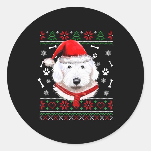 Ugly Sweater Christmas Bobtail Dog Santa Hat Pajam Ronde Sticker (Voorkant)
