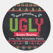 Ugly Sweater Christmas Chalkboard Nordic Knit Naam Ronde Sticker (Voorkant)