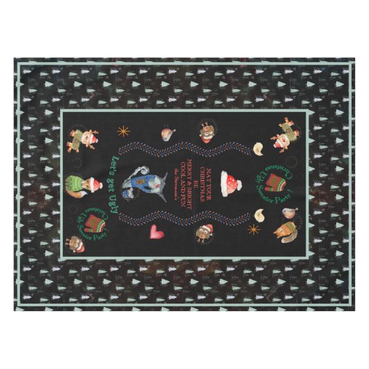 Ugly Sweater Christmas Party Animals Zwart Blauwgr Tafelkleed (Voorkant (Horizontaal))