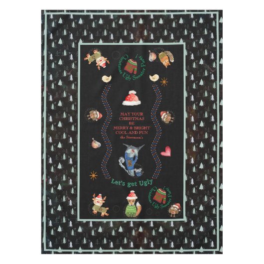 Ugly Sweater Christmas Party Animals Zwart Blauwgr Tafelkleed (Voorkant)