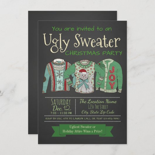 Ugly Sweater Christmas Party Invitation Chalk Kaart (Voorkant / Achterkant)