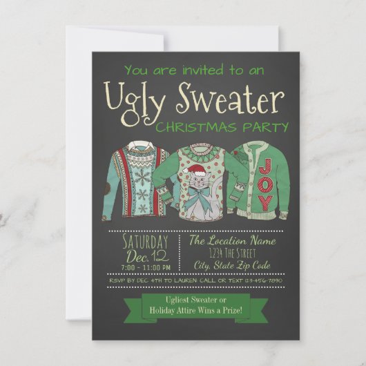 Ugly Sweater Christmas Party Invitation Chalk Kaart (Voorkant)