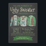 Ugly Sweater Christmas Party Invitation Chalk Kaart<br><div class="desc">Lelijke trui kerstfeest uitnodiging met drie lelijke truien op een krijtbord achtergrond. U kunt deze leuke lelijke trui kerstfeest uitnodigingen voor uw evenement gemakkelijk aanpassen door simpelweg het toevoegen van uw gegevens.</div>