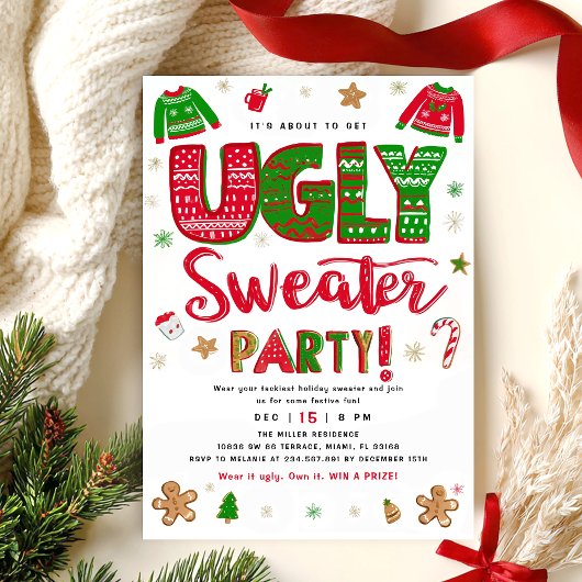 Ugly Sweater Christmas Party Invitation Kaart