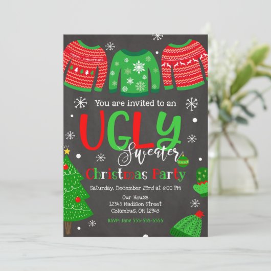 Ugly Sweater Christmas Party Invitation schoolbord Kaart (Staand voorkant)