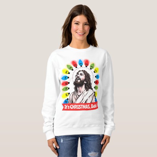 Ugly sweater Christmas tacky Jesus tree lights (Voorkant volledig)