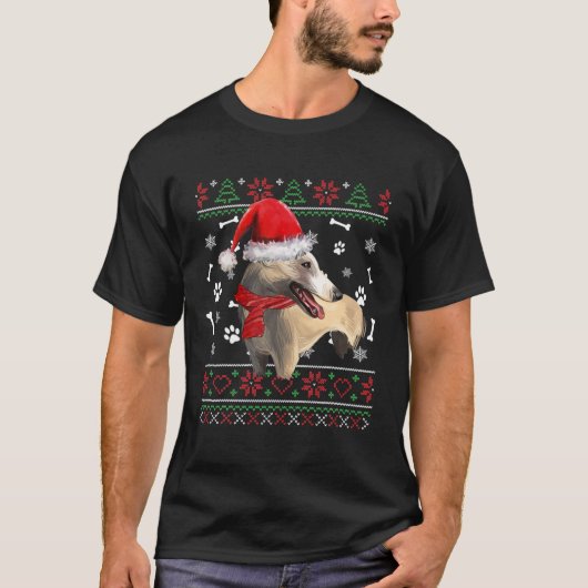 Ugly Sweater Christmas Whippet Dog Santa Hat Pajam T-shirt (Voorkant)