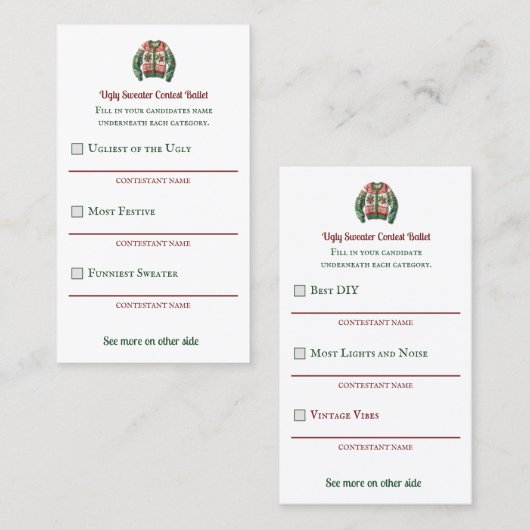 Ugly Sweater Contest Voter Ballet Visitekaartje (Voorkant / Achterkant)