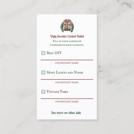 Ugly Sweater Contest Voter Ballet Visitekaartje (Achterkant)