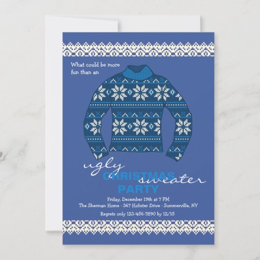 Ugly Sweater Holiday Party Invitation in Blue Kaart (Voorkant)
