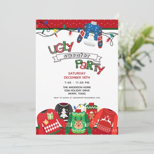 Ugly Sweater Holiday Party Invitation Kaart (Staand voorkant)