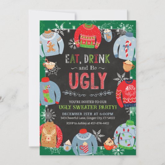 Ugly Sweater Invitation, Eat Drink & Be Ugly Kaart (Voorkant)