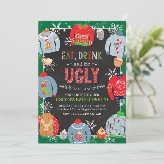 Ugly Sweater Invitation, Eat Drink & Be Ugly Kaart (Staand voorkant)