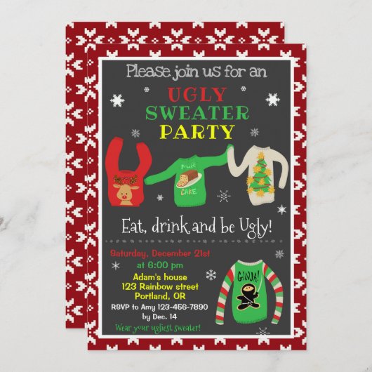 Ugly sweater kerstfeest nodigt Sweater uit Kaart (Voorkant / Achterkant)