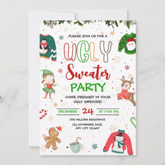 Ugly Sweater Kerstfeest Uitnodiging, Kerstmis (Voorkant)