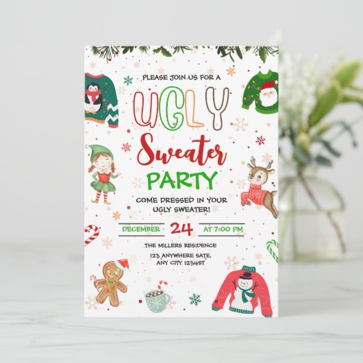 Ugly Sweater Kerstfeest Uitnodiging, Kerstmis (Staand voorkant)