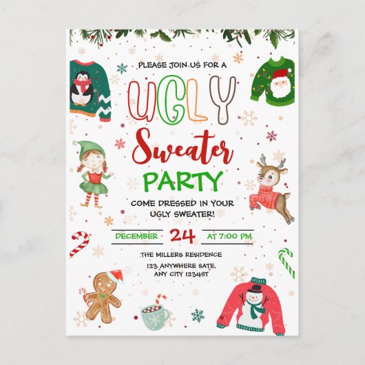 Ugly Sweater Kerstfeest Uitnodiging, Kerstmis Briefkaart (Voorkant)