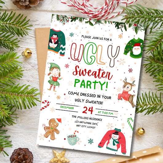 Ugly Sweater Kerstfeest Uitnodiging, Kerstmis Kaart