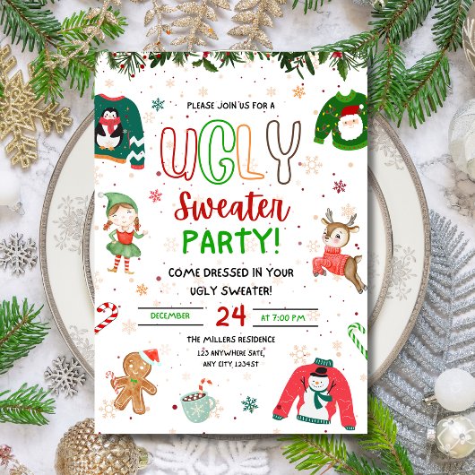 Ugly Sweater Kerstfeest Uitnodiging, Kerstmis Kaart