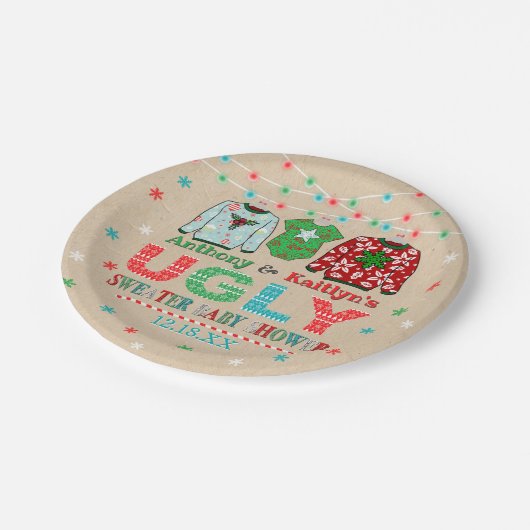 Ugly Sweater Kerstmis Baby shower Papieren Bordje (Gekanteld)