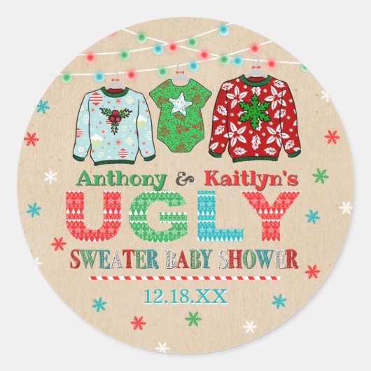 Ugly Sweater Kerstmis Baby shower Ronde Sticker (Voorkant)
