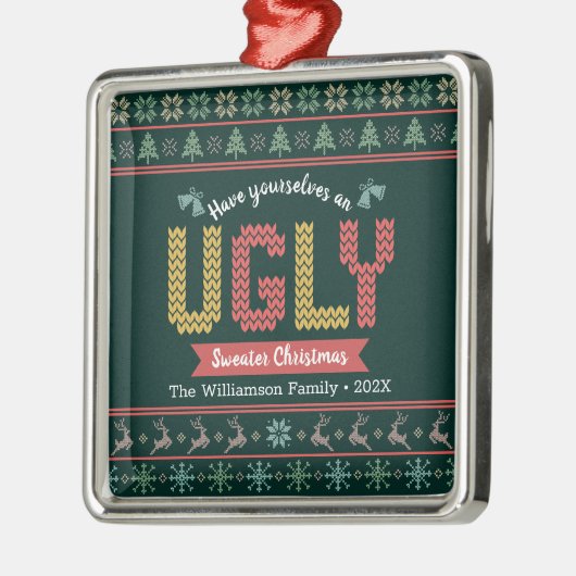 Ugly Sweater Kerstmis Noordse Hunter Green Knit Metalen Ornament (Links)