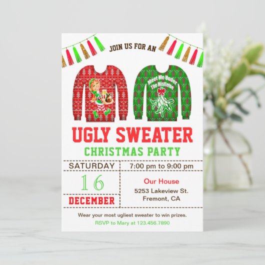 Ugly Sweater Kerstparty Kaart (Staand voorkant)