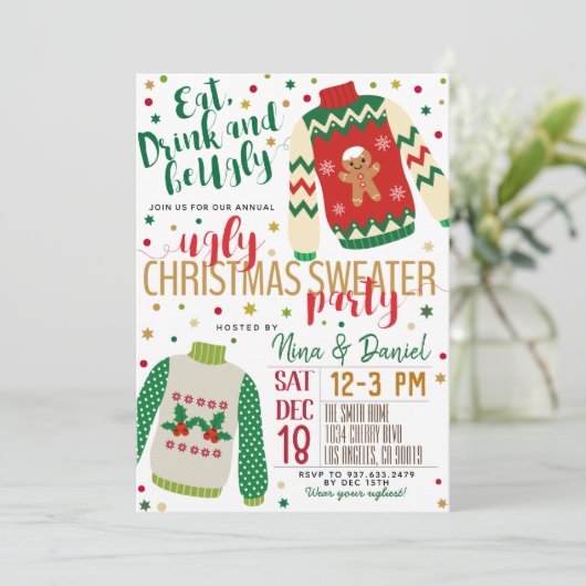 Ugly Sweater Kerstparty Kaart (Staand voorkant)