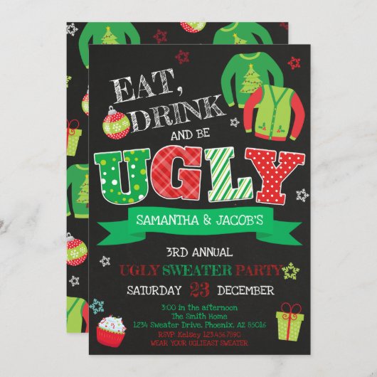 Ugly Sweater Kerstparty Kaart (Voorkant / Achterkant)
