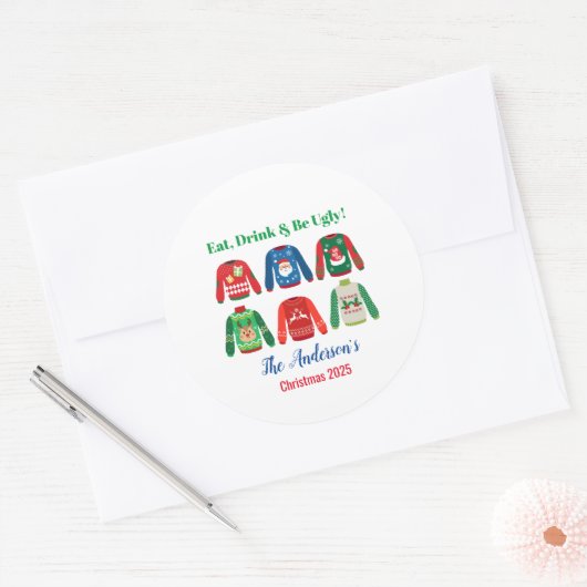 Ugly Sweater Kerstparty Ronde Sticker (Envelop)