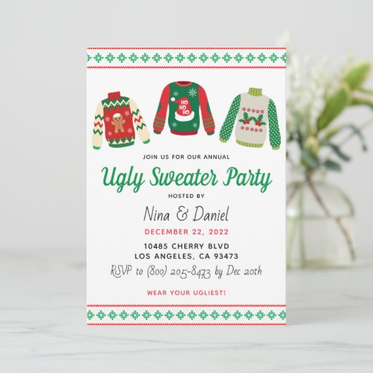 Ugly Sweater Kerstparty Uitnodiging (Staand voorkant)