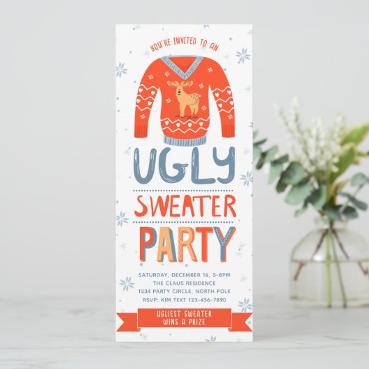 Ugly Sweater Kerstparty Uitnodiging (Staand voorkant)