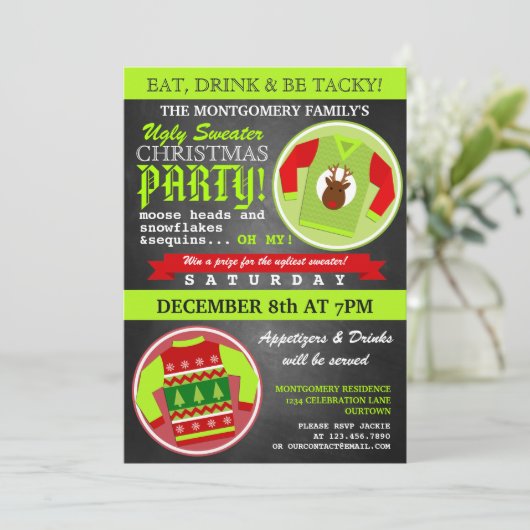 Ugly Sweater Kerstparty Uitnodiging (Staand voorkant)