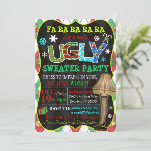 Ugly Sweater Kerstparty Uitnodiging (Staand voorkant)