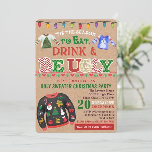 Ugly Sweater Kerstparty Uitnodiging (Staand voorkant)
