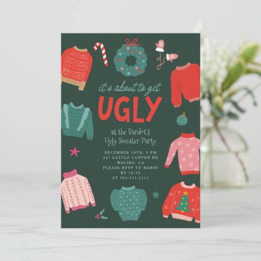 Ugly Sweater Kerstparty Uitnodiging (Staand voorkant)
