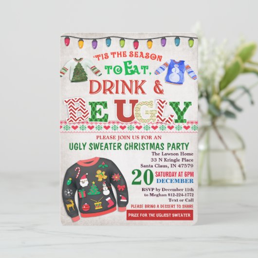 Ugly Sweater Kerstparty Uitnodiging (Staand voorkant)