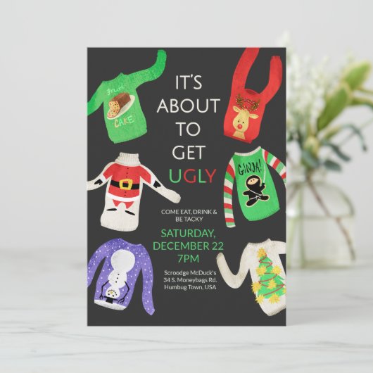 Ugly Sweater Kerstparty Uitnodiging (Staand voorkant)
