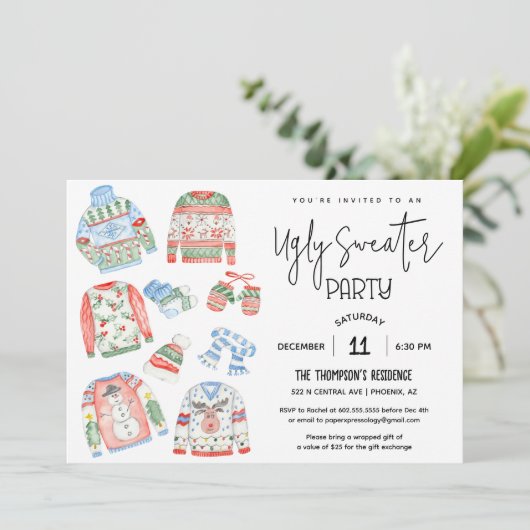 Ugly Sweater Kerstparty Uitnodiging (Staand voorkant)