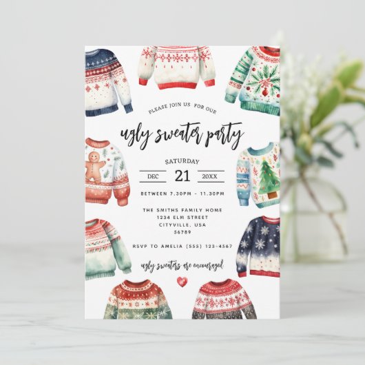Ugly Sweater Kerstparty Uitnodiging (Staand voorkant)